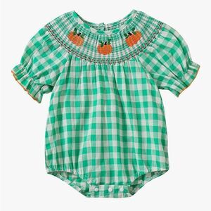 Reece & Co. green and white check smocked pumpkin embroidered romper size 0-3m